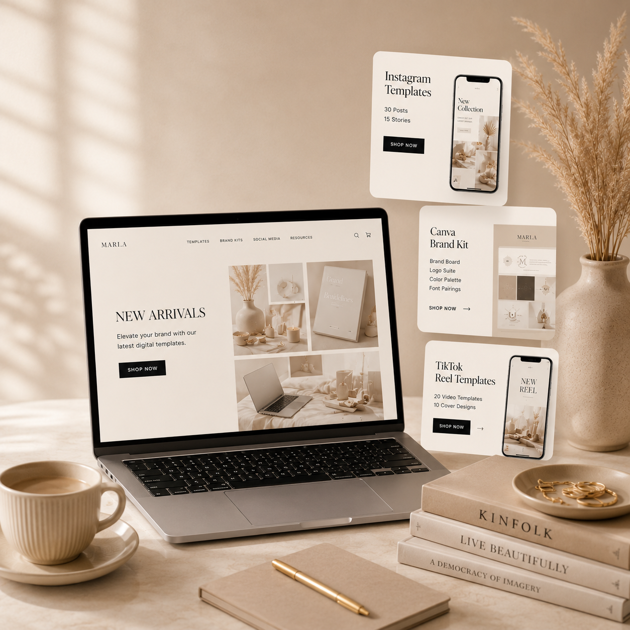 Laptop on a desk with a coffee cup, notebook, and phone displaying design templates.